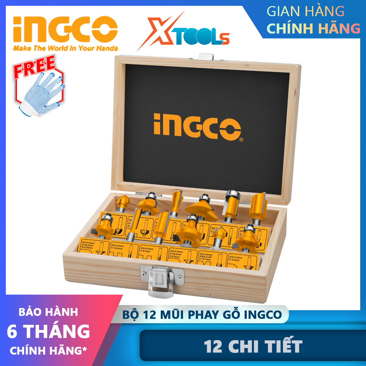 Set 12 nose milling Wood ingco AKRT12141 set wood milling cutter 12 details diameter 6.3mm tip, cut, drill, carving metal material, wood