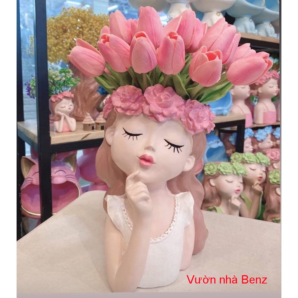 Bình hoa cô gái decor + TẶNG kèm thú mini tiểu cảnh