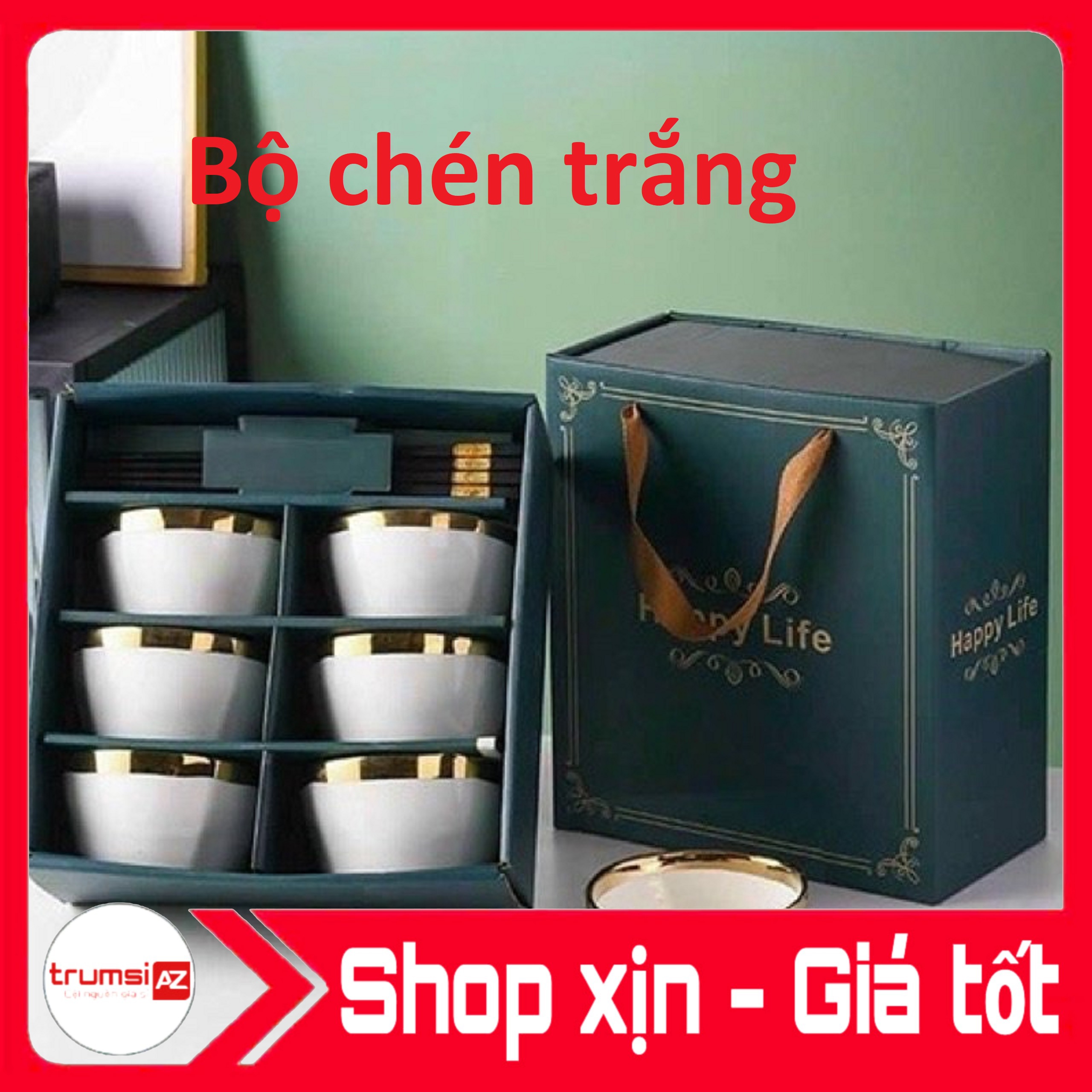 Bộ 6 chén bát xanh ngọc/trắng sứ tặng kèm 6 đôi đũa
