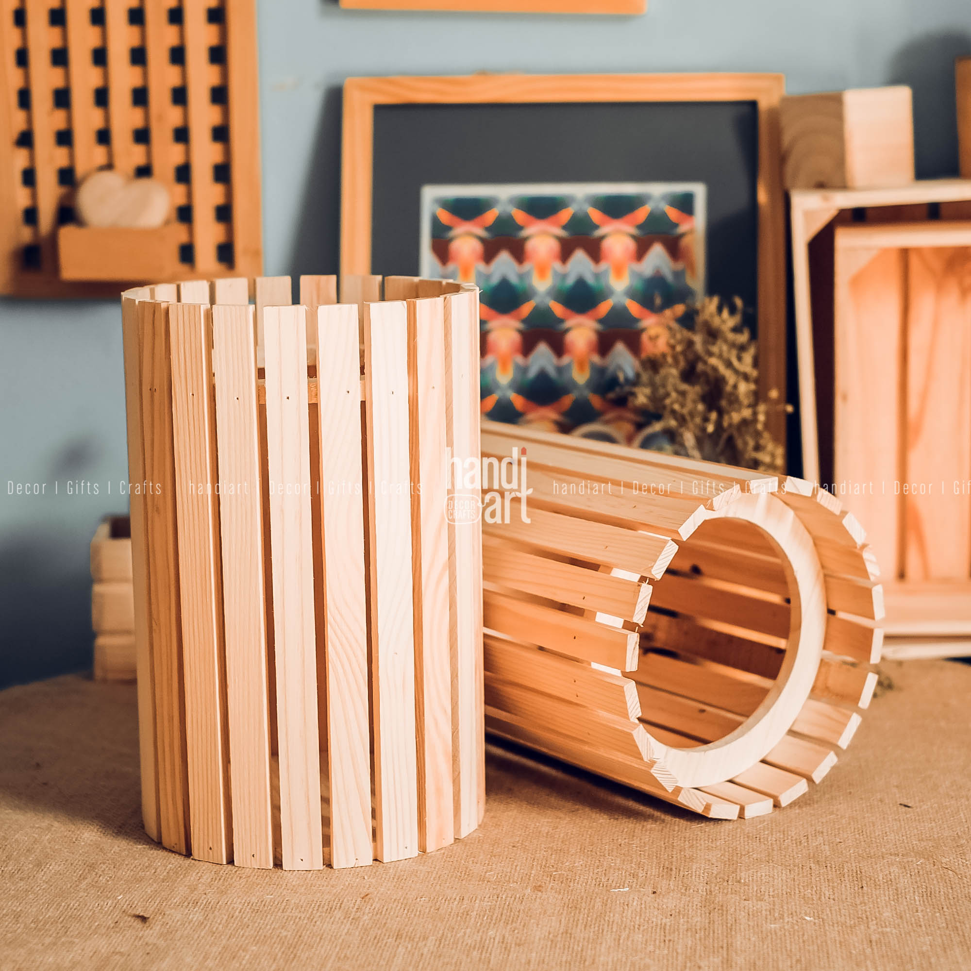 Đôn gỗ tròn trang trí chậu cây, chậu gỗ tròn trang trí hoa