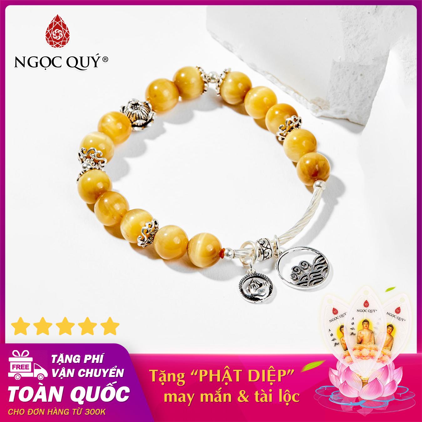 Vòng tay phong thủy nữ đá mắt hổ vàng tâm charm hoa sen 8mm mệnh thổ , kim - Ngọc Quý Gemstones