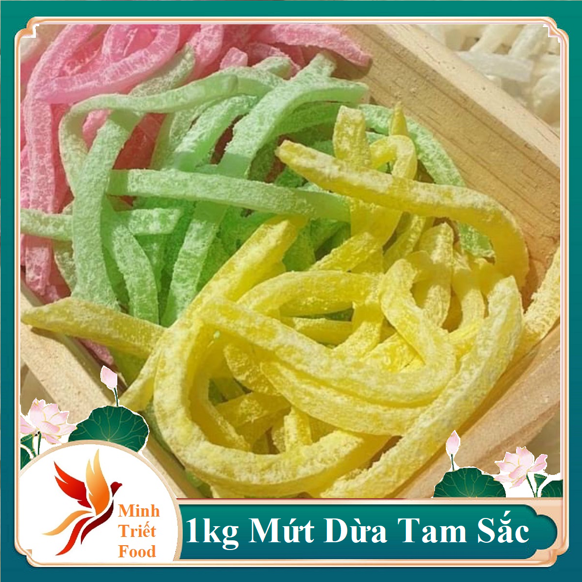Mứt dừa non tam sắc xanh vàng hồng may mắn dẻo ngọt béo từ dừa xêm bến tre- đặc sản minh triết