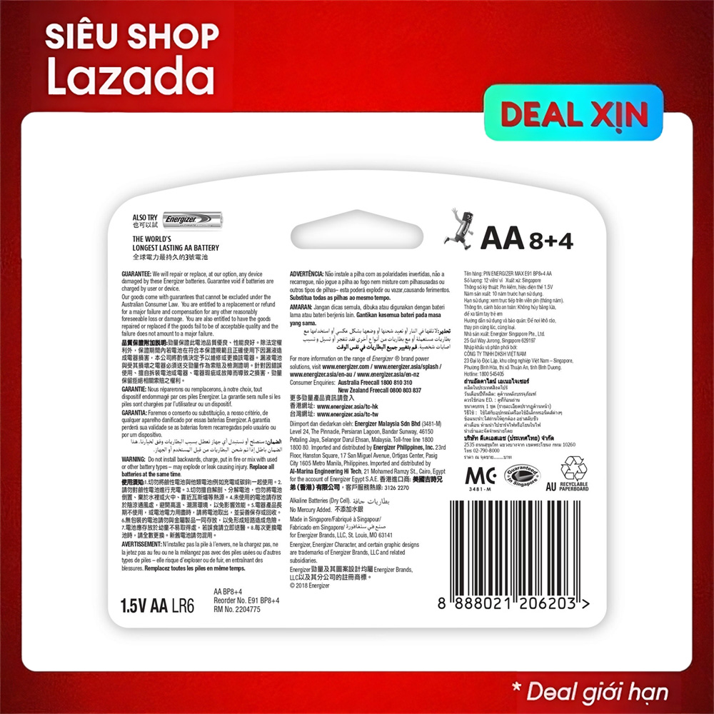 Bộ 8+4 Pin AA Energizer Alkaline chống chảy E91 pin tiểu 1.5V dùng tốt với mọi thiết bị