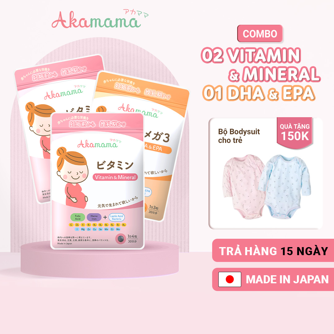 [QUÀ TẶNG 150K] COMBO 2 Sắt & Vitamin + 1 DHA cho bà bầu Akamama, Nhật Bản