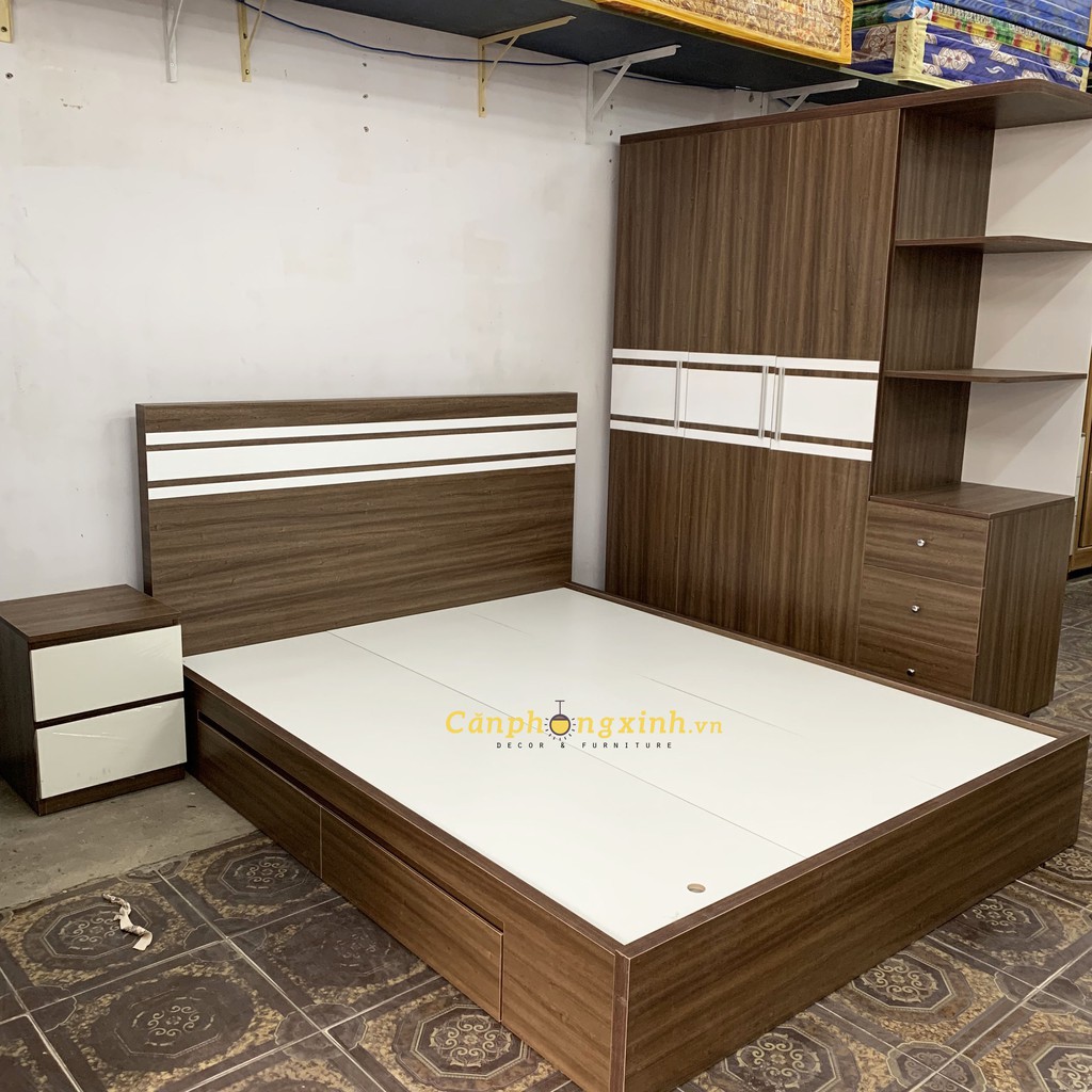 Combo giường tủ phòng ngủ gỗ mdf cpx-cb08 nâu phối trắng