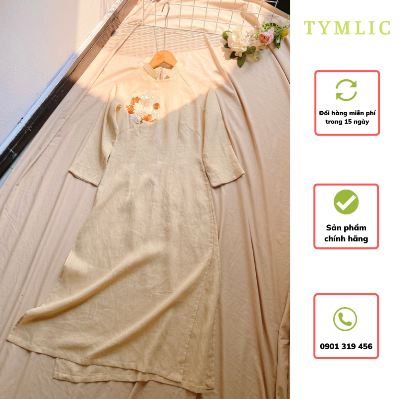 Áo dài linen tưng pre màu be thêu hoa tymlic