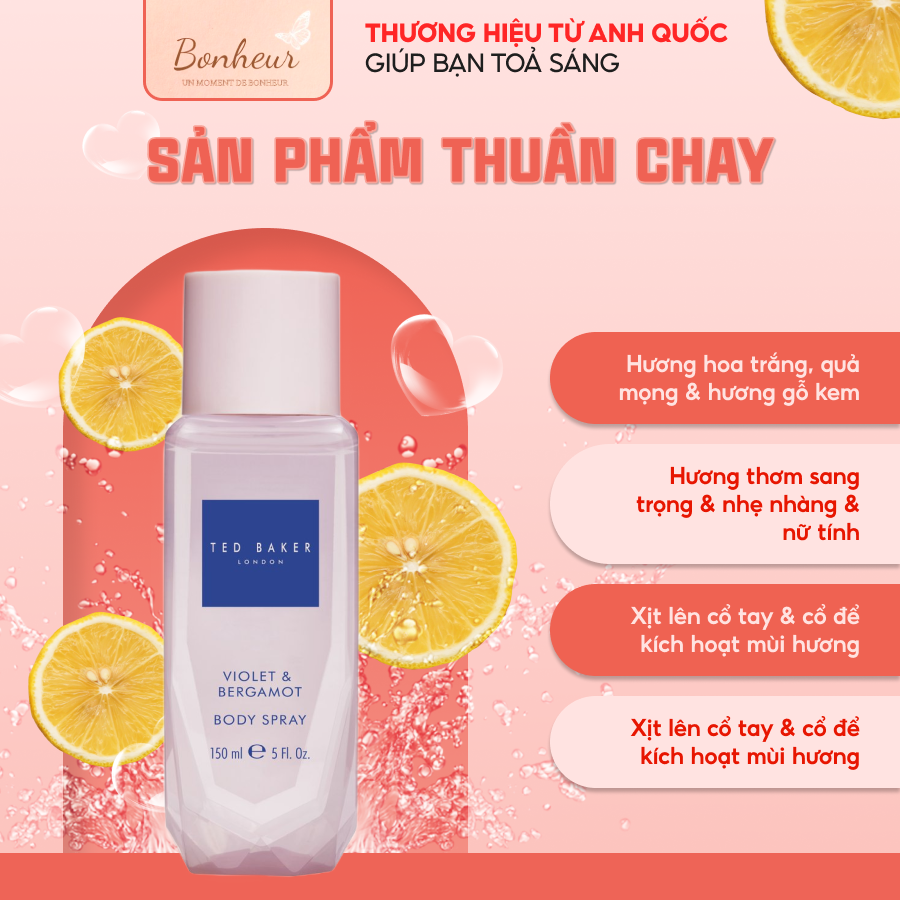 Xịt thơm toàn thân 150ml Ted Baker London Rose & Cassis Body Spray hương hoa hồng và hoa blackcurrent