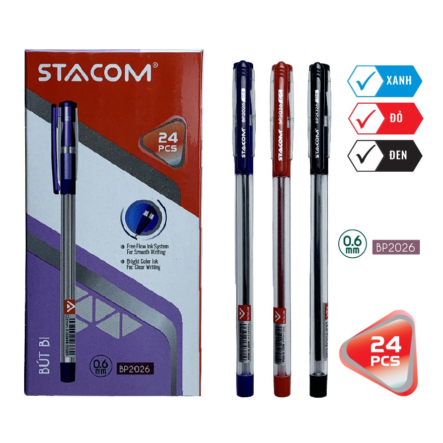 [Combo 10 cây] Bút Bi Mực Semi Gel STACOM Dạng Nắp Đậy Thân Trong Với 3 Màu Mực Xanh/Đỏ/Đen - Ngòi 0.6mm - BP2026