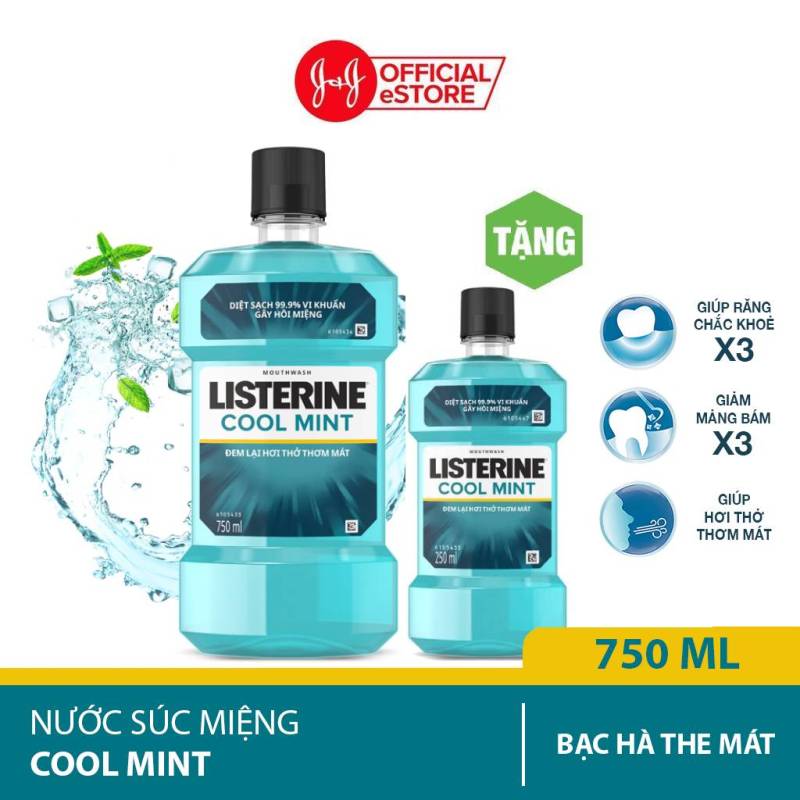 Nước súc miệng hơi thở thơm mát Listerine Cool Mint 750ml + Tặng nước súc miệng Listerine Cool Mint 250ml - 100932629