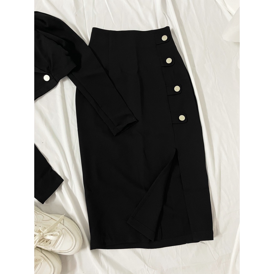 Set váy+ áo crotop cổ vest 2177