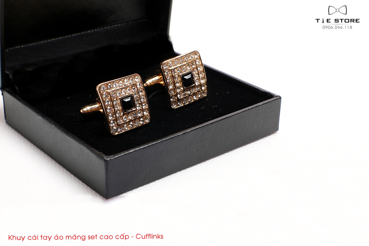 Cài tay áo Măng Set cao cấp đính đá Full box - cufflinks họa tiết đính đá vàng