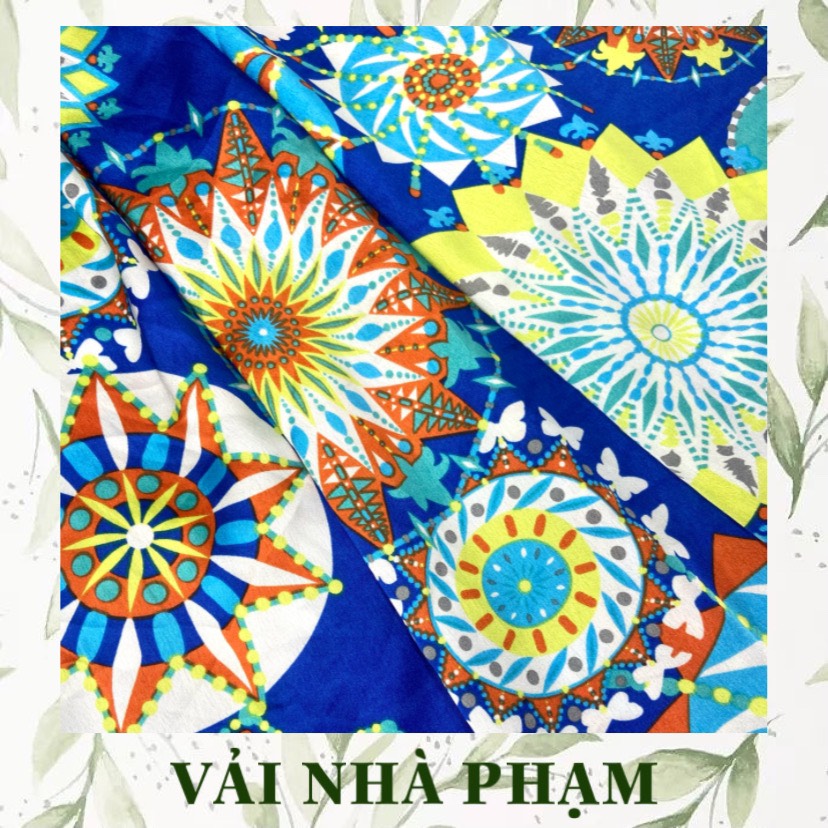 SATIN LỤA HOẠ TIẾT THỔ CẨM NỀN XANH DƯƠNG - VẢI NHÀ PHẠM - Khổ vải 1.5m