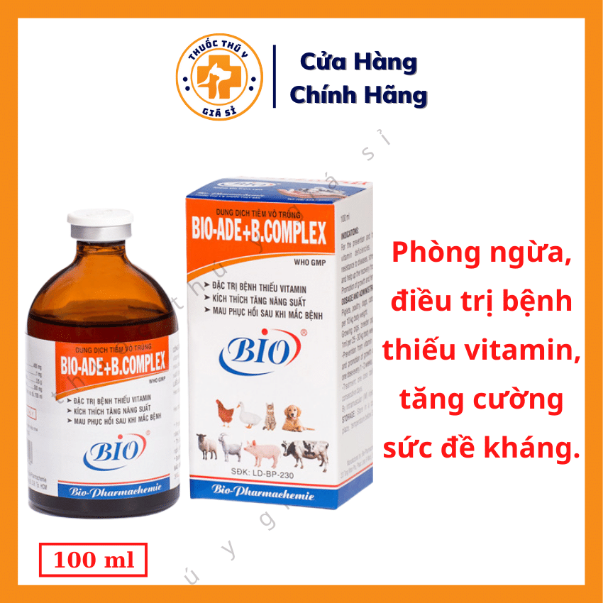 "Hoàn tiền đến 10%" Bio ADE Bcomplex 100ml - Giúp Tăng Cường Sức Đề Kháng, Kích Thích Tăng Năng Suất Ở Trâu, Bò, Heo, Dê, Bê, Nghé, Ngựa, Chó, Mèo, Gia Cầm - Thú Y Giá Sỉ