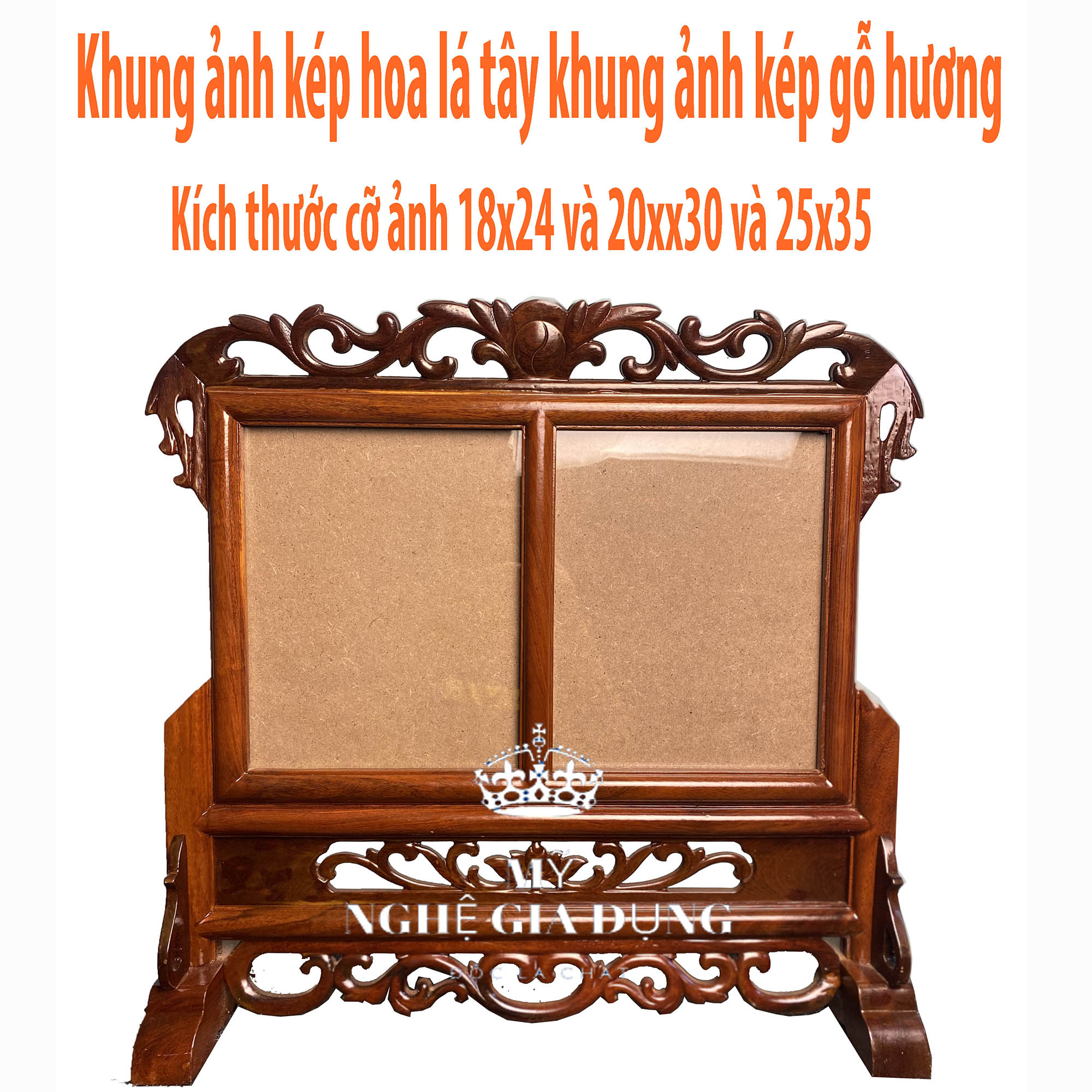 Khung ảnh  đôi hoa la tây -gỗ hương khung ảnh đôi  3 cỡ ảnh thờ 18x24 và 21x31 và 25x35