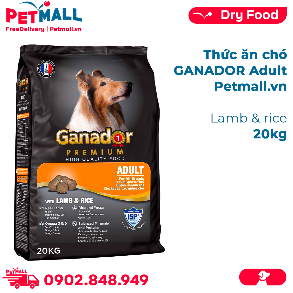 Thức ăn chó ganador adult 20kg - lamb & rice petmall