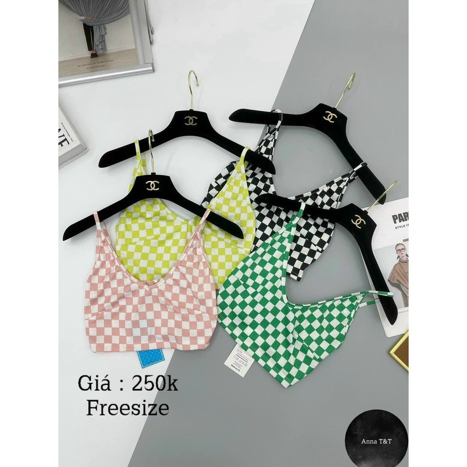 Áo kiểu 2 dây croptop phối màu caro cực xinh , chất thun gân mềm mịn