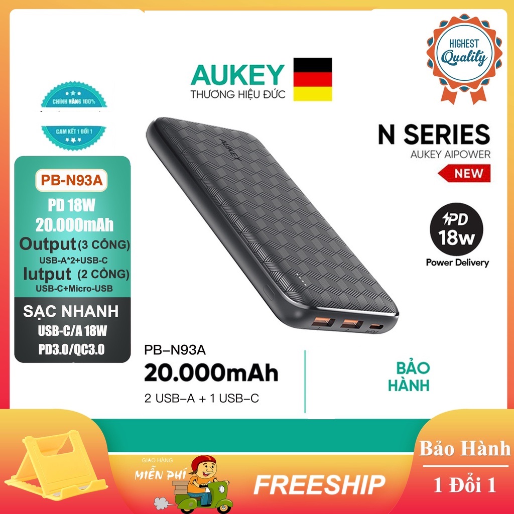 Sạc dự phòng aukey pb-n93a 20000mah cổng usb-c sạc nhanh pd3.0 18w + usb-a qc 3.0 18w