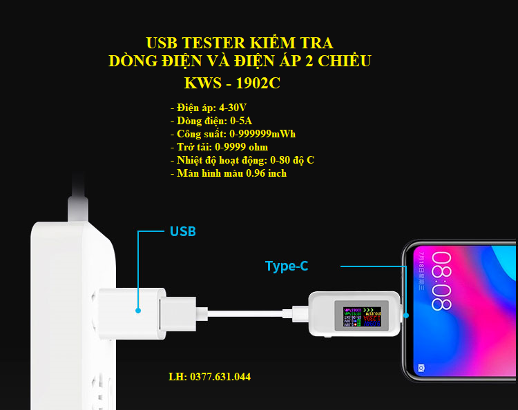 USB tester kiểm tra dòng và áp 2 chiều cổng type-c KWS - 1902C