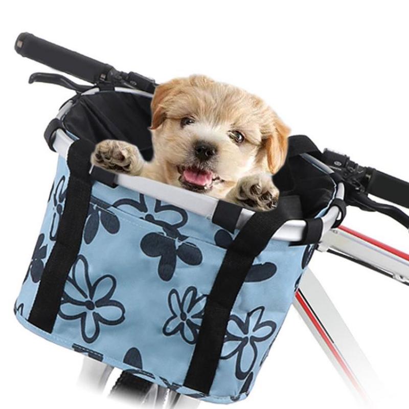 Bike Basket Foldable Small Pet Cat Dog Carrier Front Removable Bicycle Handlebar Basket Quick-Release Detachable Cycling Bag for Picnic Shopping