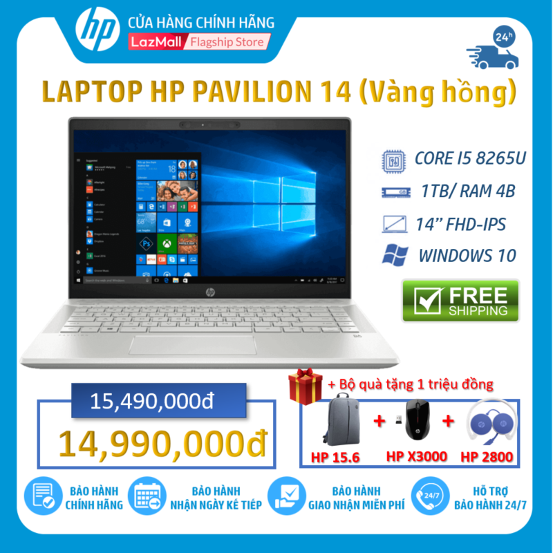 [Tặng balo, chuột, tai nghe]-Laptop HP Pavilion 14-ce2038TU (Core i5-8265U/4GB RAM/1TB HDD/14 INCH FHD/Win 10/Pink) 6YZ21PA - Hàng Chính Hãng