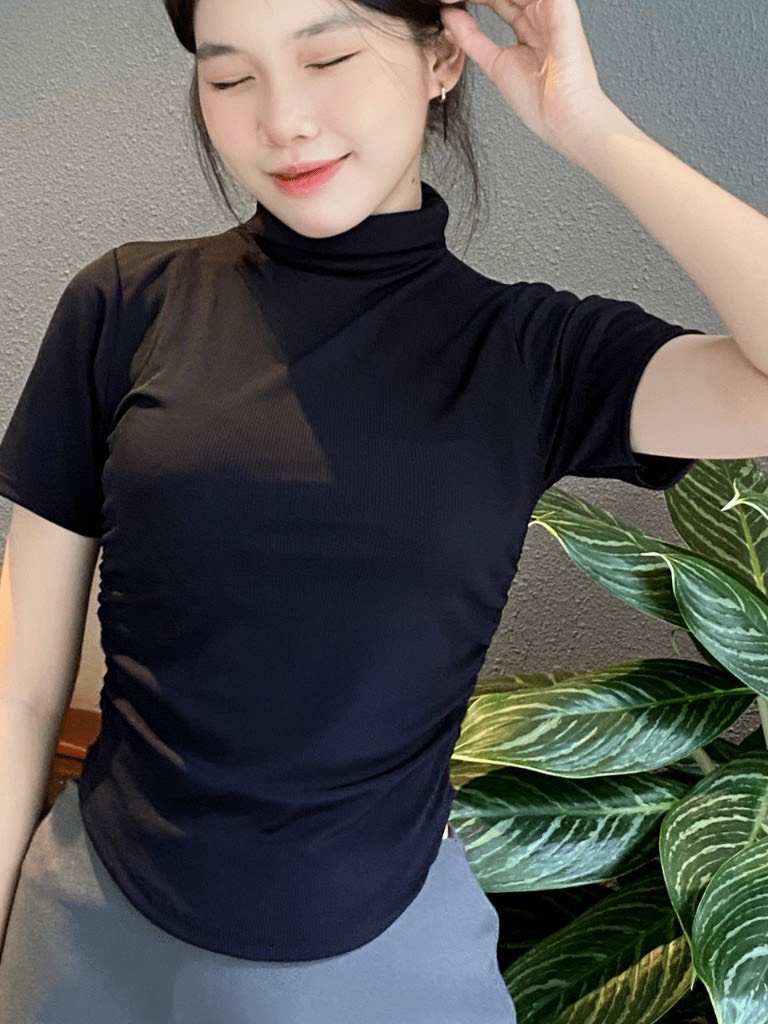 Áo thun cổ lọ rút 2 bên form dài chất dày đẹp