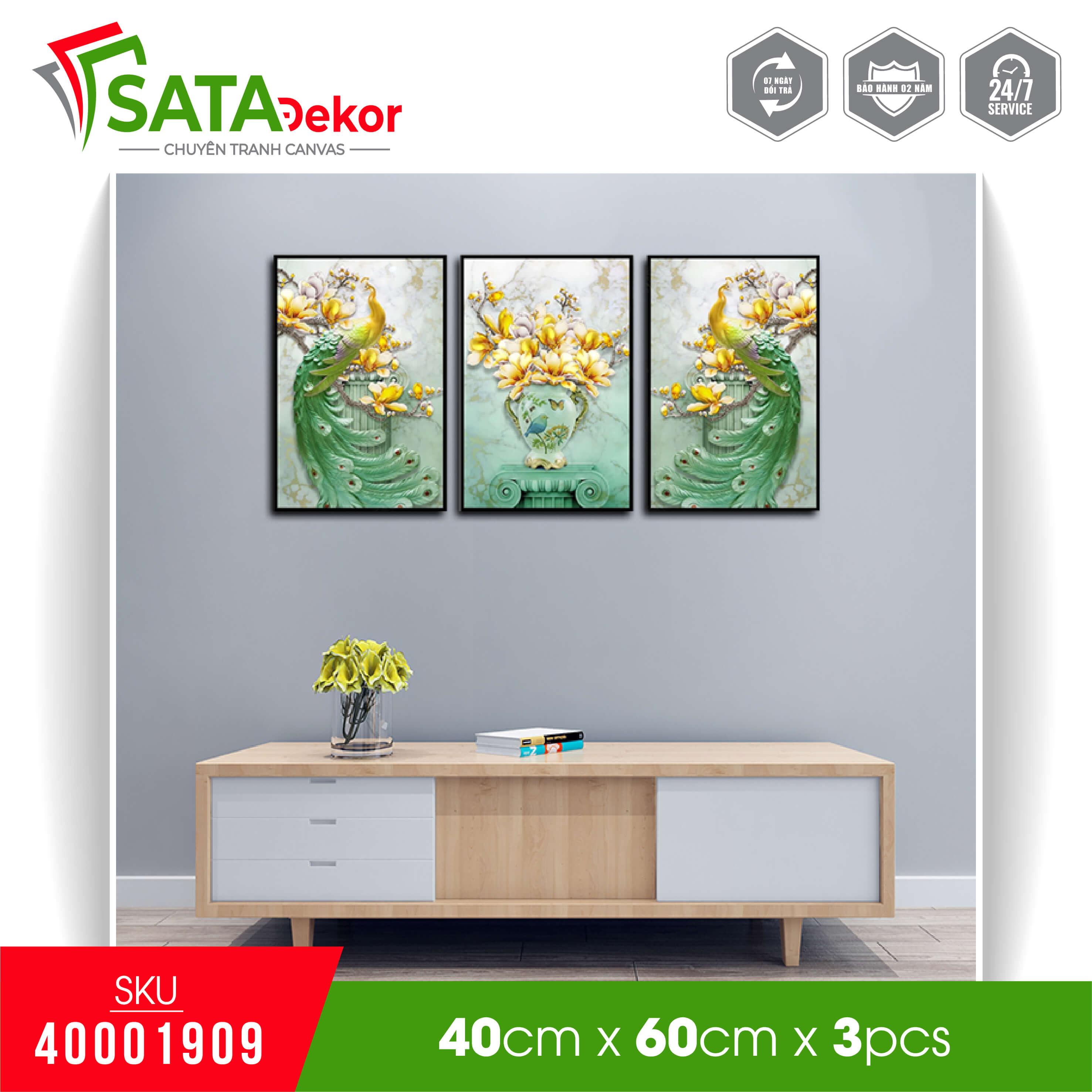 Tranh canvas treo tường hiện đại bộ 3 tranh chim công và bình hoa mộc lan (40001909)