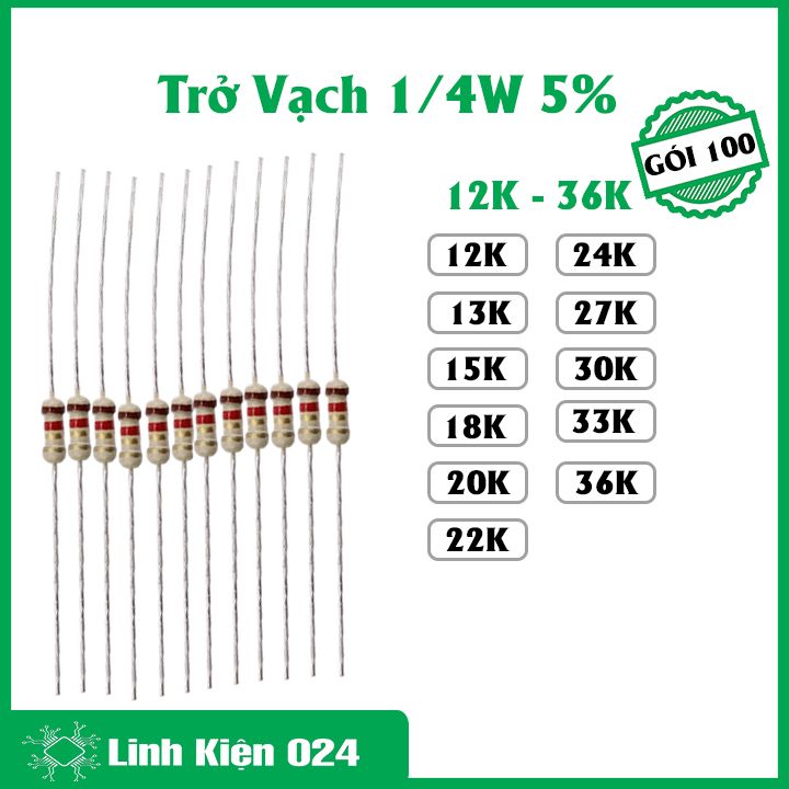 Gói 100 con trở vạch 1/4w 5% giá trị điện trở từ 12k - 36k