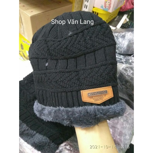 Set mũ len kèm khăn cổ lót lông cao cấp