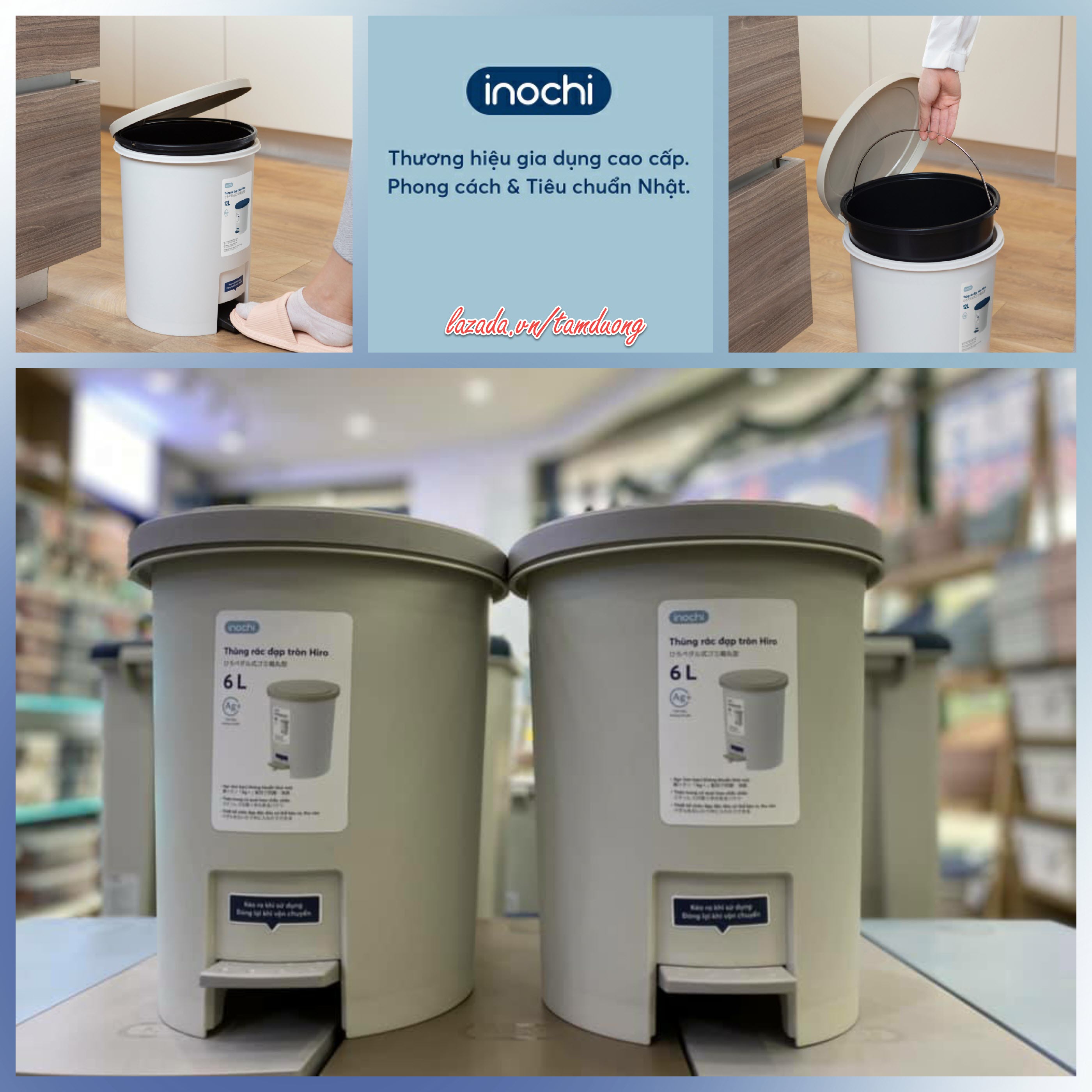 Thùng rác đạp tròn Inochi 12L-6L (kèm ruột, có phân tử Ion Ag+ kháng khuẩn, khử mùi) [HCM-Giao hoả tốc 2h]