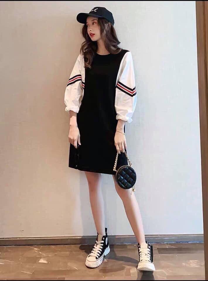 [HCM]Đầm Suông Tay Phồng Cá Tính Phong Cách Thể Thao Cho Các Bạn Gái