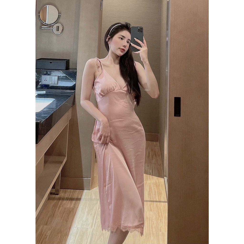 Đầm Ngủ 2 Dây Thắt Nơ Vai Sexy Chất Lụa Cực Mát Freesize