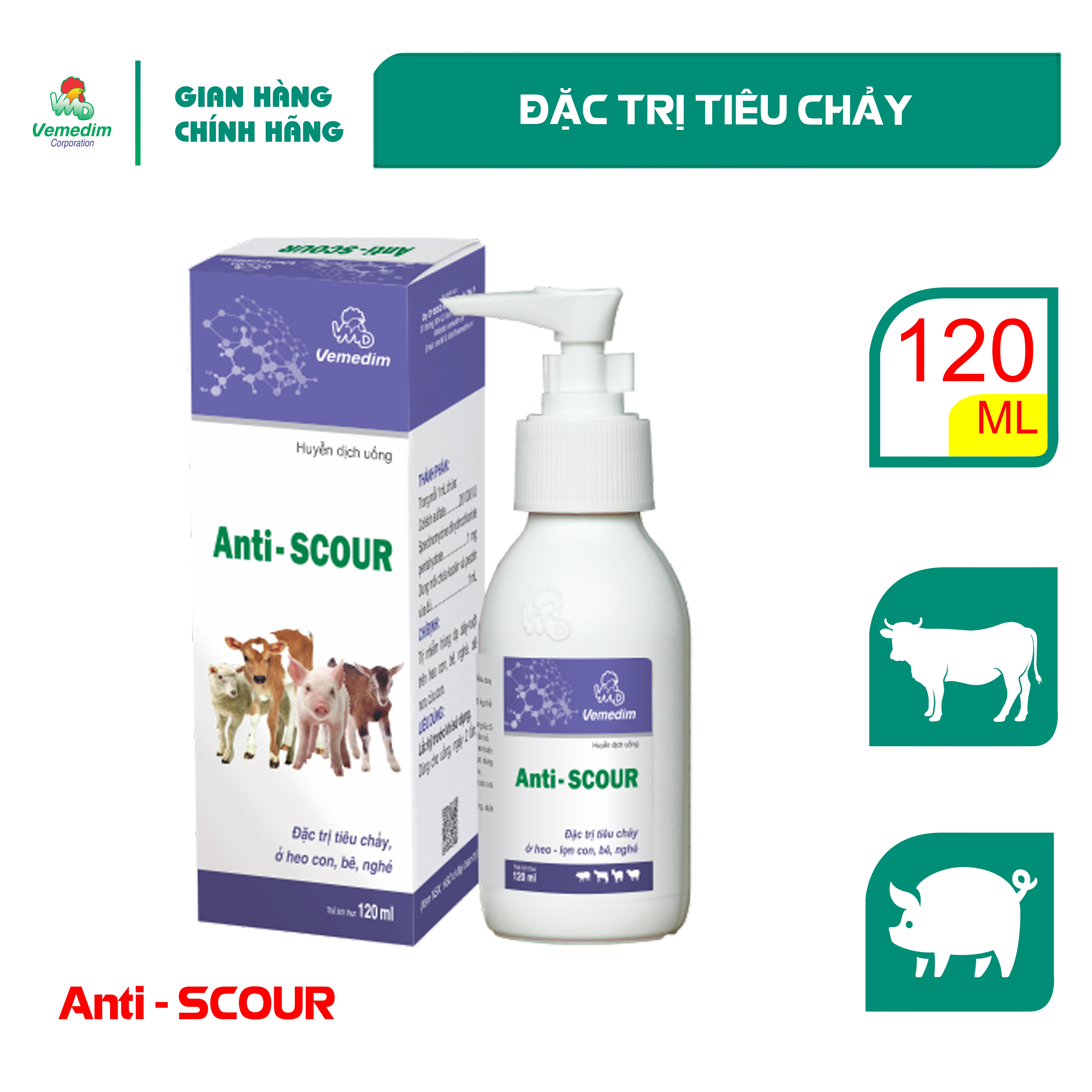 "Hoàn tiền đến 10%" Vemedim Anti-Scour dung dịch uống dùng cho heo con bị tiêu chảy, chai 120ml