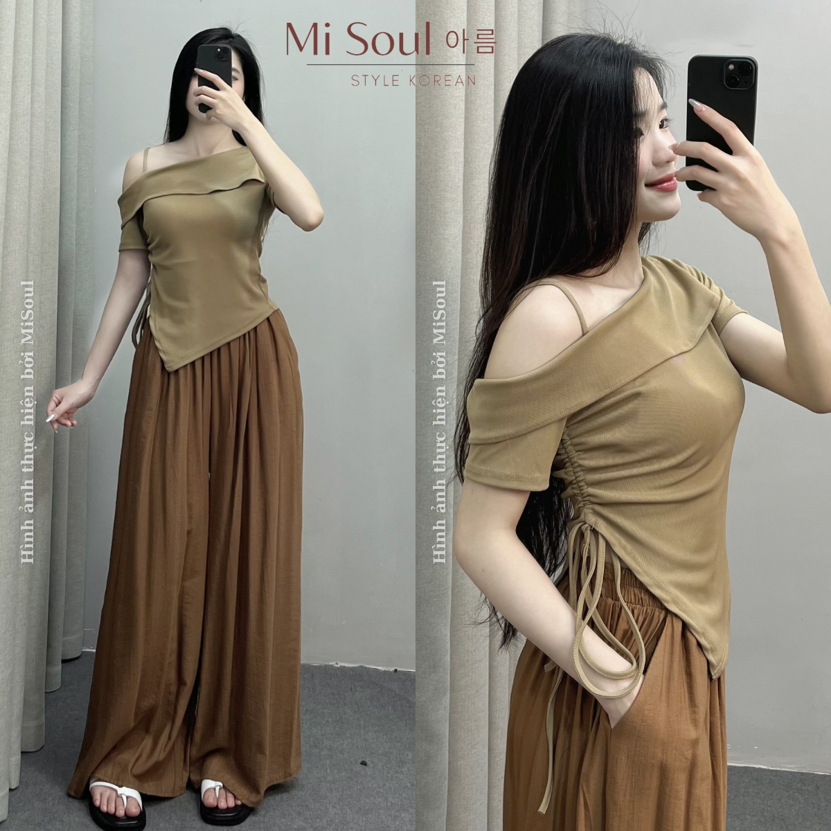 Áo thun dây vai bigsize rút dây bên hông misoul, áo thun cổ thuyền vạt chéo rút dây bigsize 207