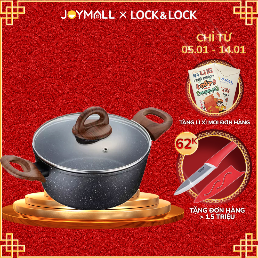 BÁO GIÁ Mua Nồi Lock | Shopee Lazada Sendo Tiki mới nhất 20 Nồi Lock&Lock nhôm đúc nguyên khối chống dính Baum Marble LBU1202 (20cm), LBU1242 (24cm)- Hàng chính hãng, 2 tay cầm cách nhiệt, nắp thủy tinh - JoyMall