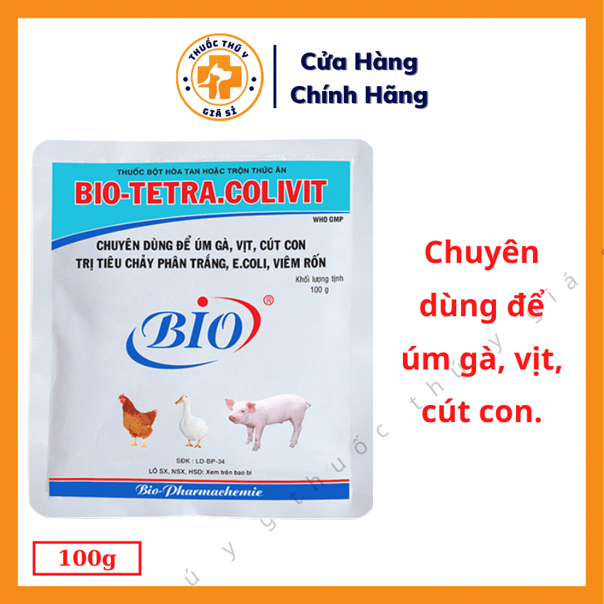 "Hoàn tiền đến 10%" Bio Tetra.Colivit 100g - Dùng Cho Bệnh Tiêu Chảy Phân Trắng, E.coli, Viêm Rốn, Chuyên Dùm Để Úm Gà, Vịt, Cút Con - Thú Y Giá Sỉ