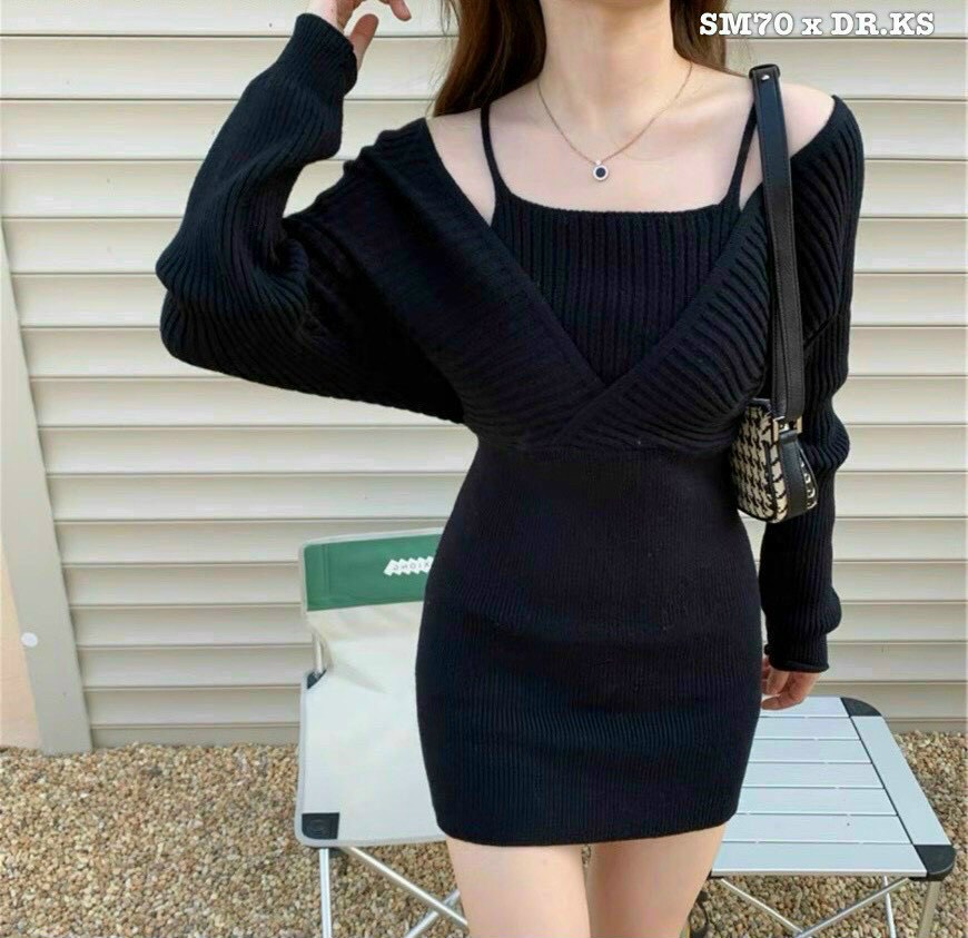 Đầm ôm body phối cánh dơi - Chất Thun gân co giãn đẹp - Freesize
