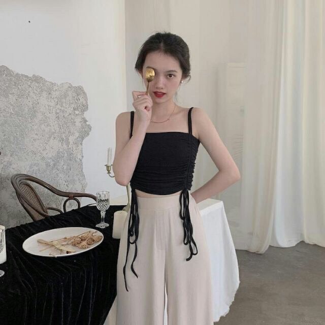 (ảnh thật) Áo 2 dây Croptop Dây Rút Sườn Siêu Chất