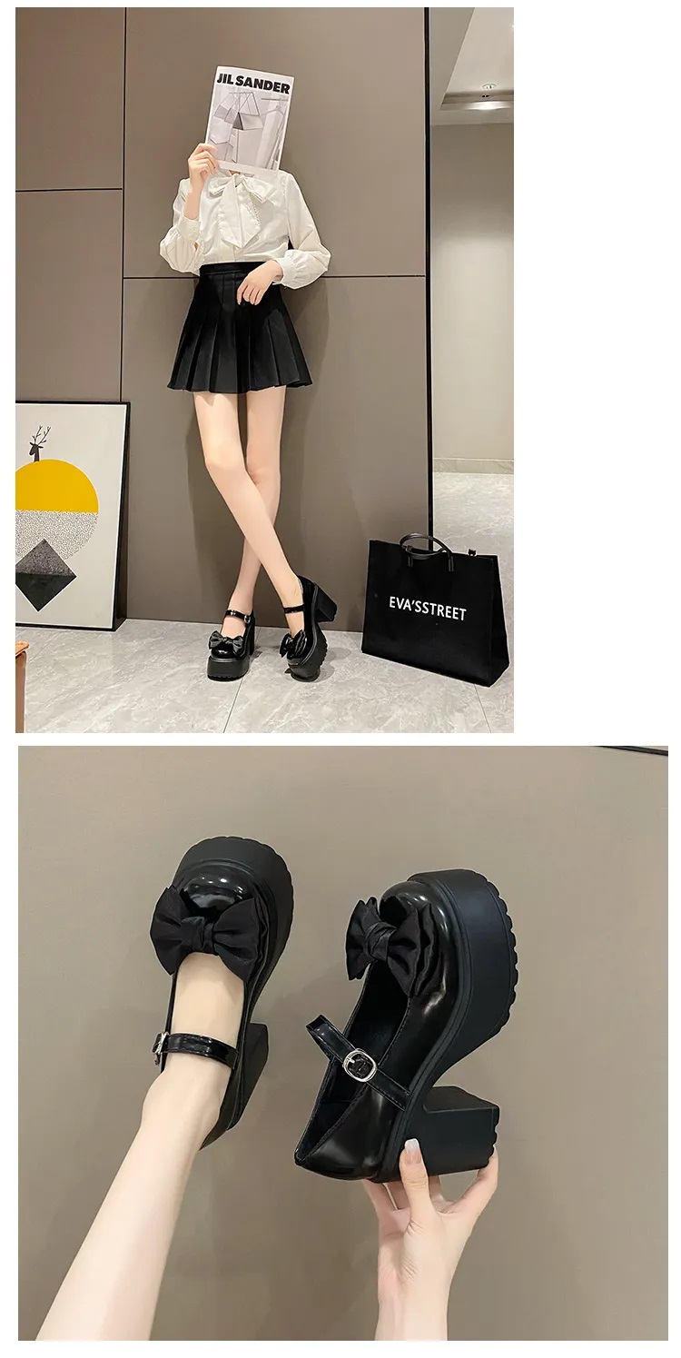 [Hoàn Tiền 15%]Giày lolita phối nơ cao 9CM gót trụ Quai cài  xinh xắn ( đặt lùi size)