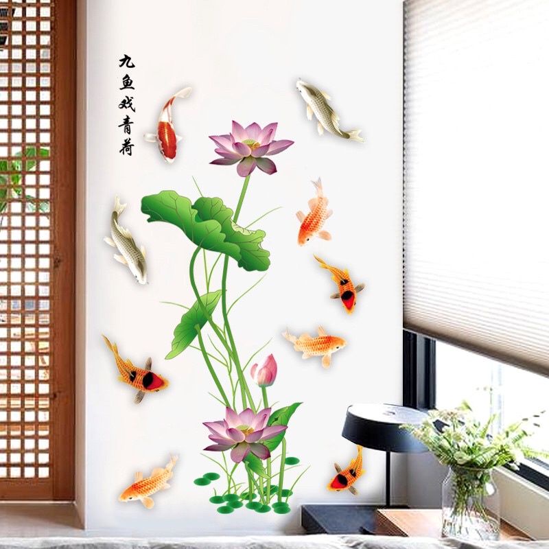Decal dán tường hoa sen và cá chép