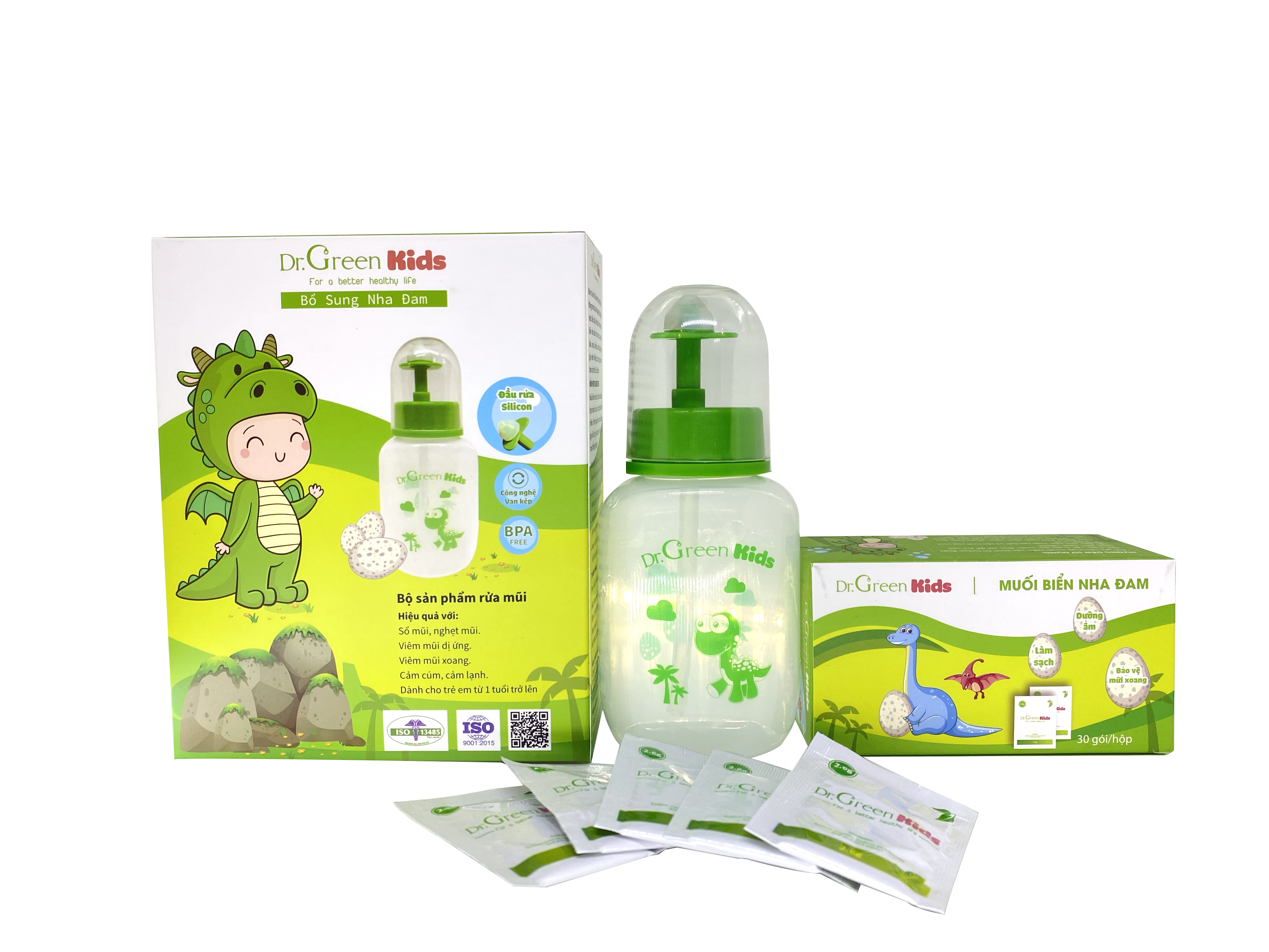 [HCM]bộ vệ sinh mũi cho trẻ Dr.Green Kids (bình rửa mũi kèm 30 gói muối biển)