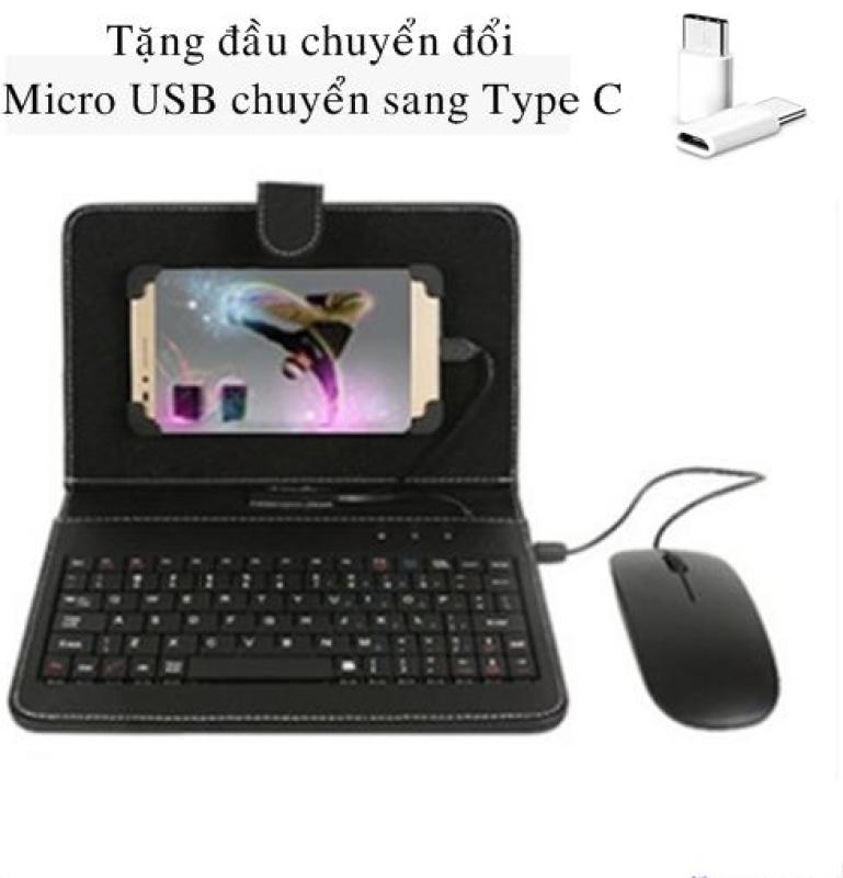 Bao da bàn phím kèm chuột điện thoại/máy tính bảng từ 4.5-8 inch + Đầu chuyển đổi Micro chuyển sang Type C (đen)
