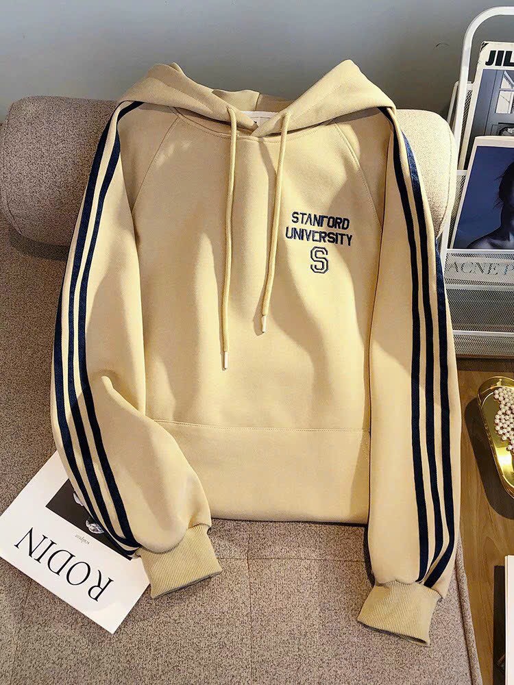 Áo hoodie cặp đôi thêu s nón rộng 2 lớp tay may sọc