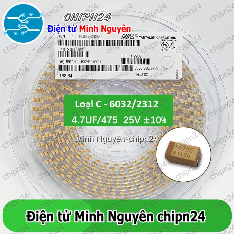 [2 con] Tụ Tantalum Dán SMD 6032 4.7uf 25V (475E) (Loại C) (6.0x3.2mm) (6.0x3.2MM) - HH005315