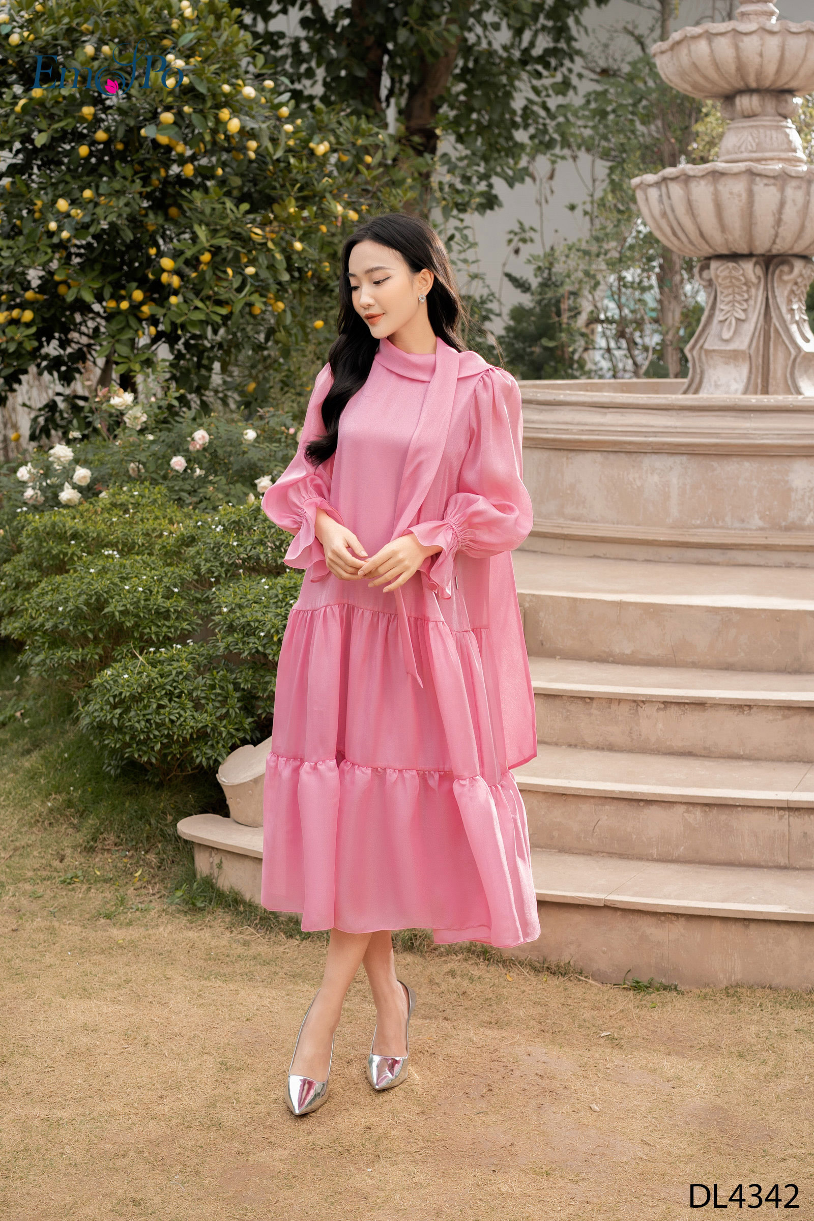 Đầm suông dáng babydoll nơ thắt sau cổ emspo dl4342
