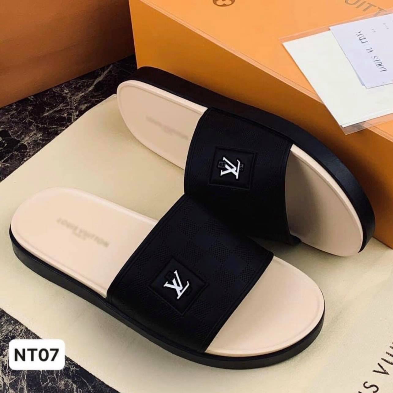 Dép quai ngang logo đế kem nam