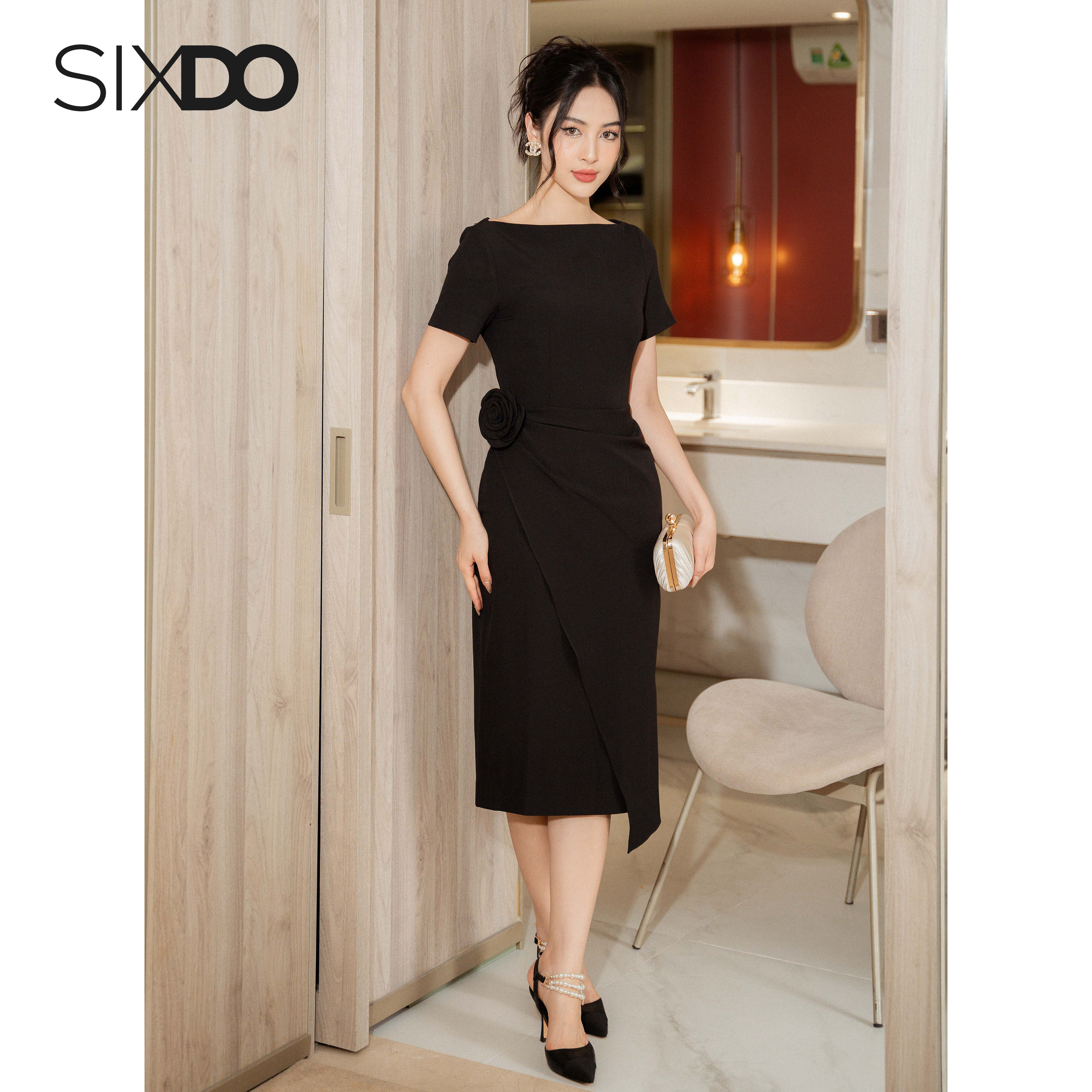 Đầm phối hoa vạt chéo thời trang SIXDO (Sabrina Collar Midi Woven Dress)