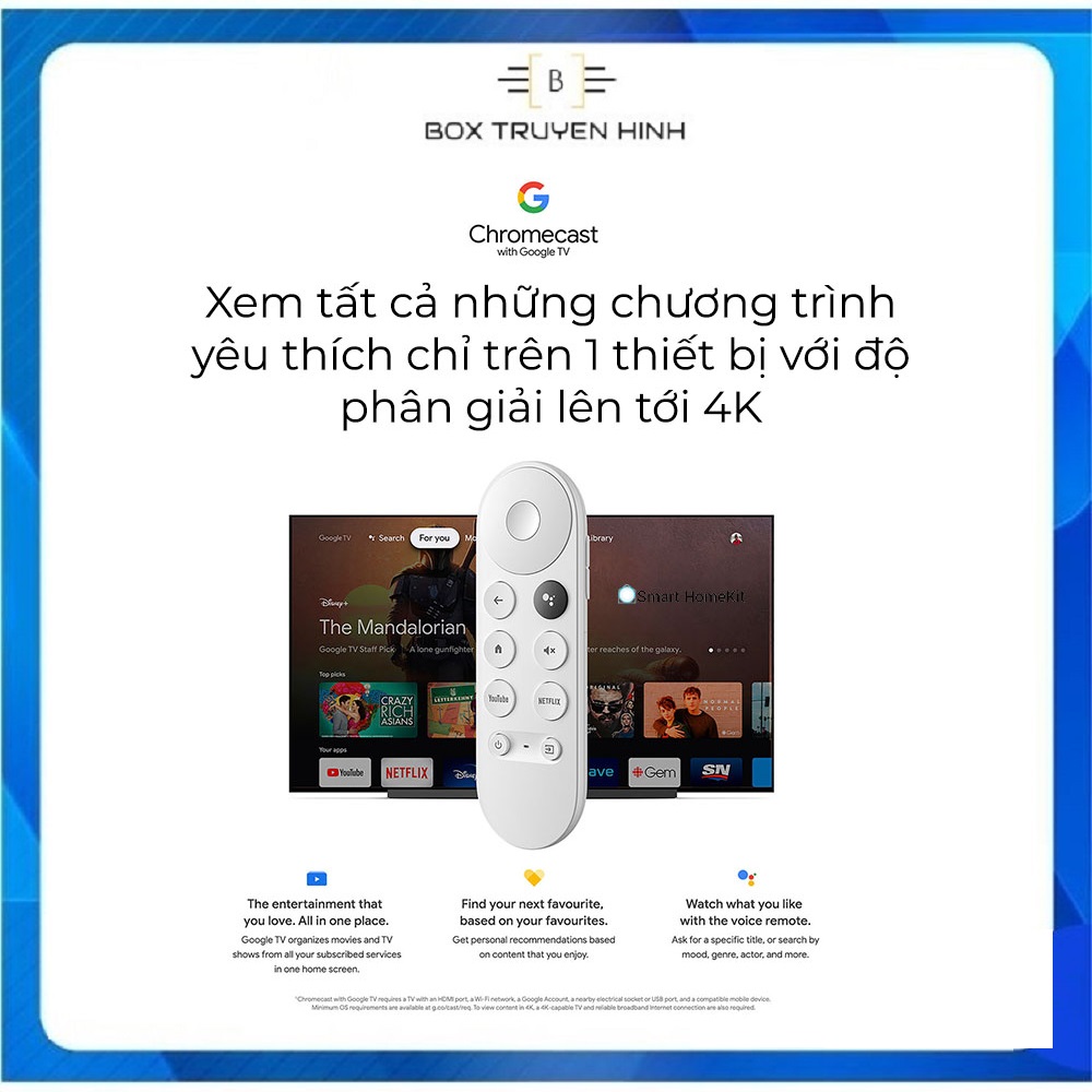 Google Chromecast 4K with Google TV, hỗ trợ Dolby Vision, ra lệnh giọng nói Tiếng Việt, Netflix 4K, HDR