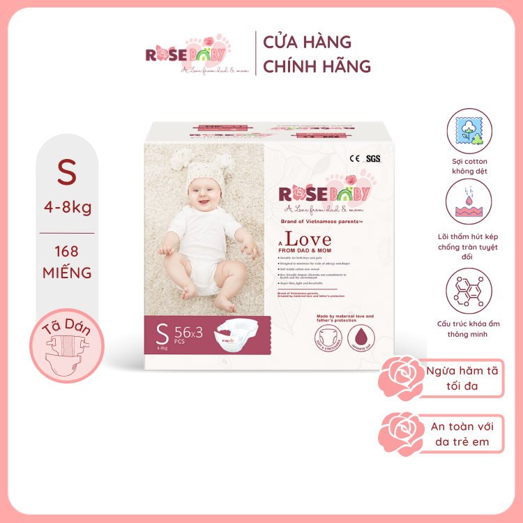 Thùng Tã Dán ROSE BABY Size S (168 miếng)