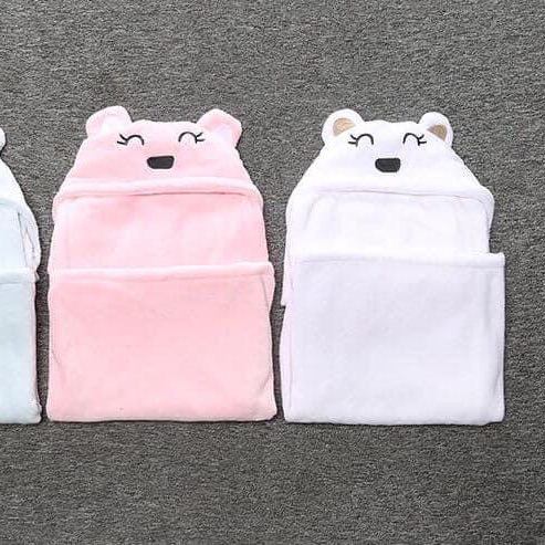 Chăn Ủ Lông Hình Gấu Có Mũ Cho Bé Minizone- Ủ Choàng Bông Cho Bé