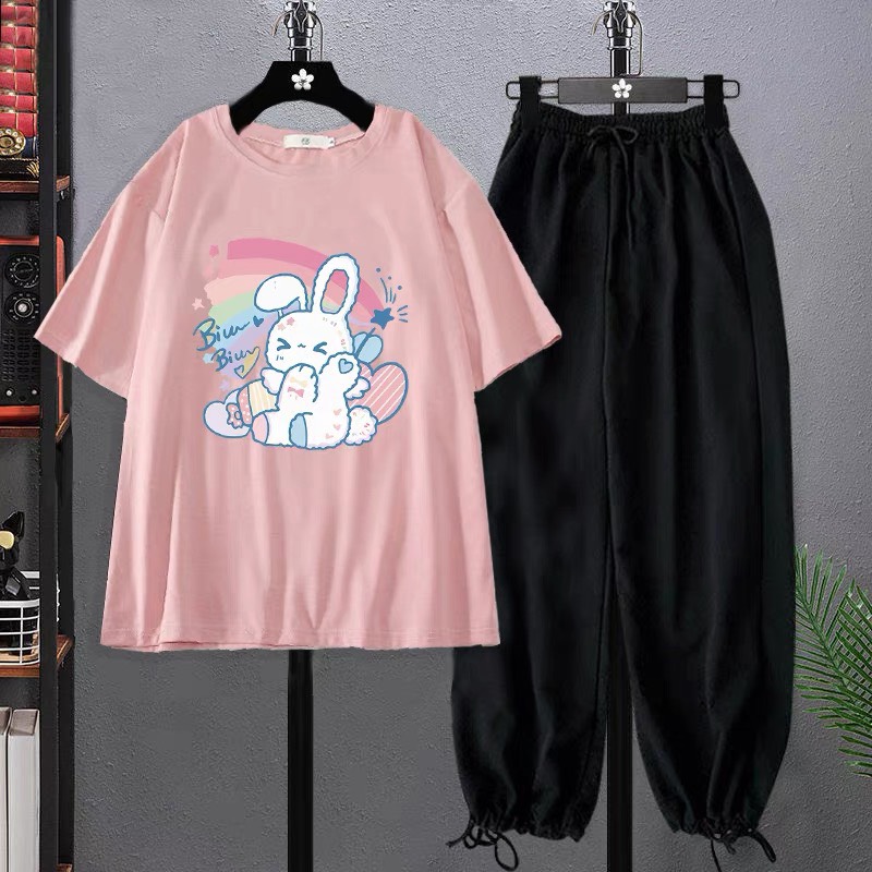 Sét Áo thun Thỏ cầu vồng + quần bom chun, Áo phông from rộng, chất vải mát, thiết kế phong cách cá tính - Emyy